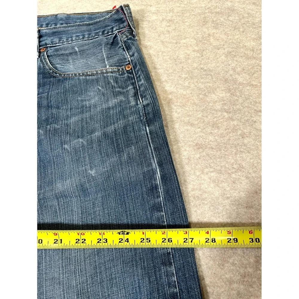 Levis 501 Original Fit Jeans Mens 44x30 Blue Whiskered Denim Cotton Straight Leg